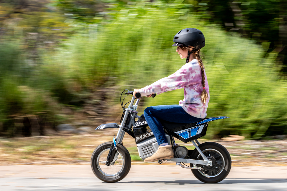 Razor MX350 Dirt Rocket side ridden on a dirt trail